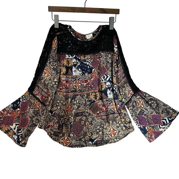 Cupio Black Multi Floral Lace Trim Size M Boho Peasant Tunic Bell Sleeve - Picture 1 of 10